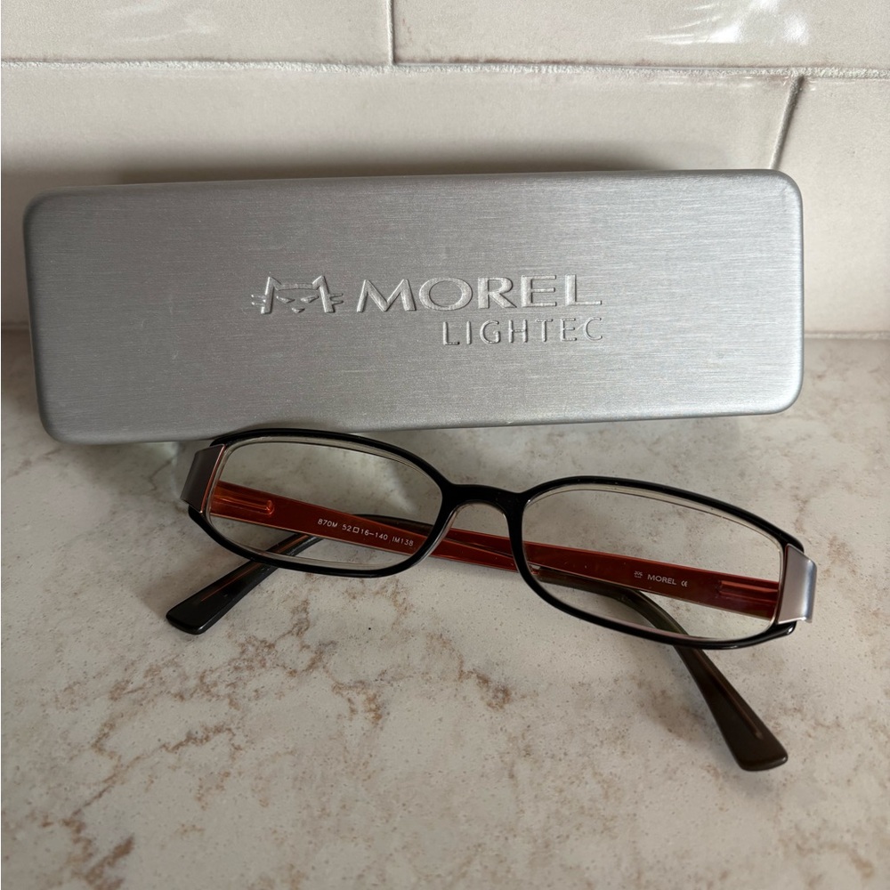 Vintage Morel of France Lightec  DkBrown & Brushed Silver Glasses Frame w/ Case.